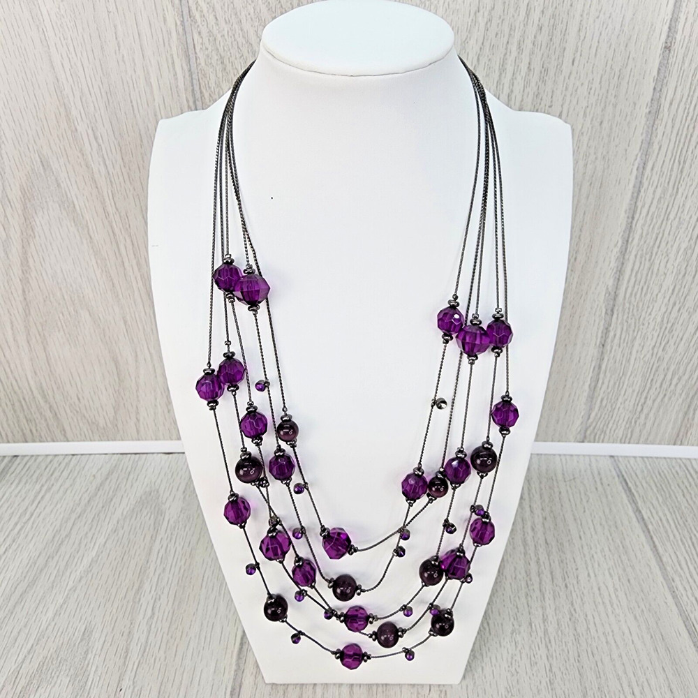 Fashion Jewelry Necklace Woman's 12" Long Dark Purple 4 Strands Costume Flawed